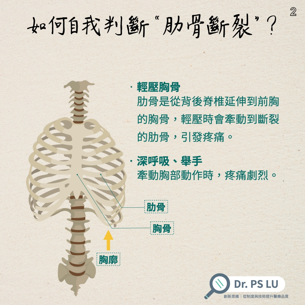 輕壓胸骨
肋骨是從背後脊椎延伸到前胸的胸骨，輕壓時會牽動到斷裂的肋骨，引發疼痛。
深呼吸舉手
牽動胸部動作時，疼痛劇烈。
肋骨
胸骨